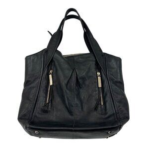 B. Makowsky Black Leather Tote Hand Bag W/ Gold Zipper Accents & Double Handles
